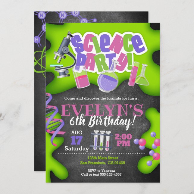 Girly Science Birthday Invitation for Girls (Front/Back)