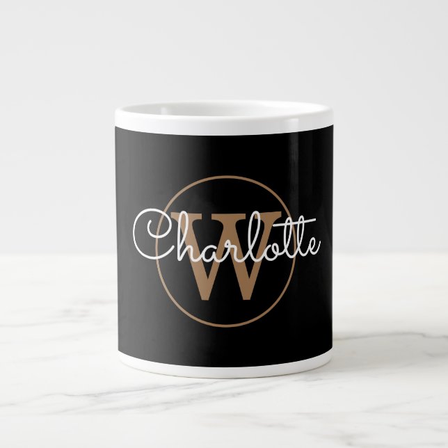 Girly Script Gold Monogram Modern Black Large Coffee Mug (Front)