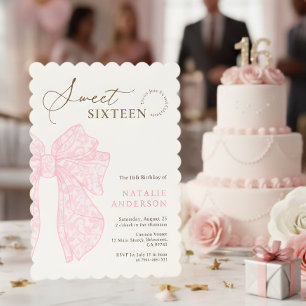 Girly Script Pink Floral Lace Bow Sweet Sixteen Invitation
