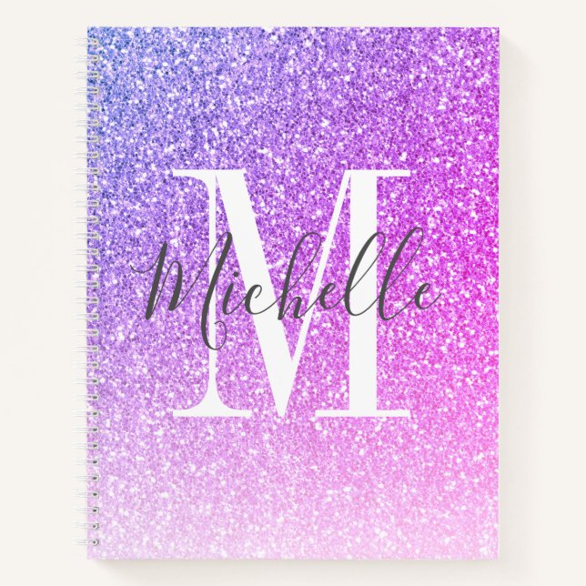Girly Script Purple Pink Glitter Sparkles Monogram Notebook (Front)