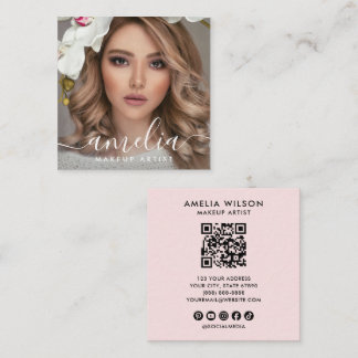 Girly Script QR Code Photo  Square Blush Pink Business Card