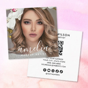 Girly Script QR Code Photo  Square Business Card
