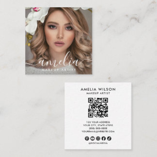 Girly Script QR Code Photo  Square Business Card