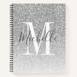 Girly Script Silver Glitter Monogram Name Notebook