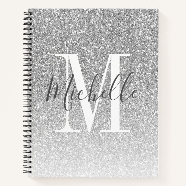 Girly Script Silver Glitter Monogram Name Notebook (Front)