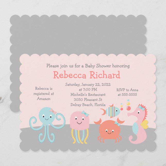 Girly Sea Ocean Life Pink Baby Shower Invitation (Front/Back)