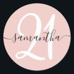 Girly Signature Personalised Number 21 Blush Classic Round Sticker<br><div class="desc">Create your own girly name and 21st birthday sticker for your invites. Change the colour of the blush background or the black and white font to match her style. You can customise the numbers that to match her age. Modern minimalist elegant signature style name with swash tails. Replace the sample...</div>