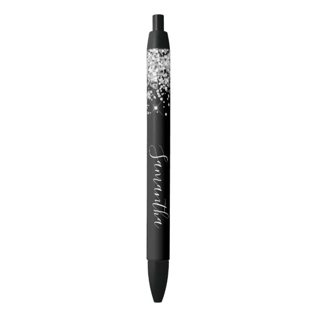 Girly Signature Sparkly Silver Glitter Black Ink Pen (Front Vertical)