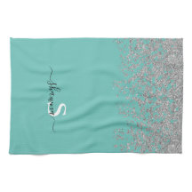 Girly Silver and Teal Monogram Aqua Sparkle