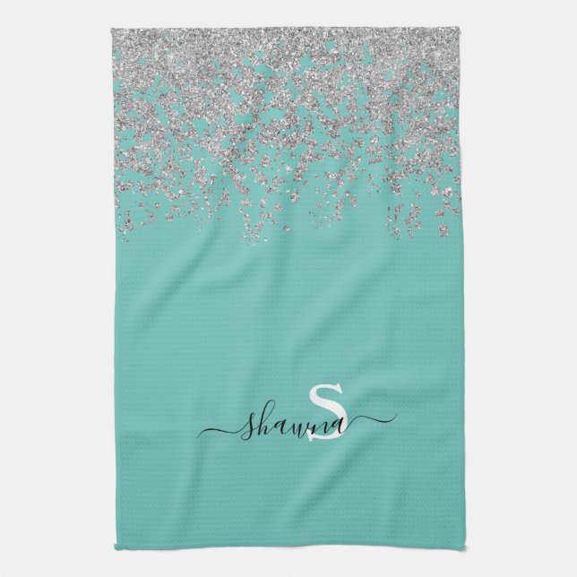 Girly Silver and Teal Monogram Aqua Sparkle Tea Towel (Vertical)