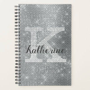 Girly Silver Diamond Glam Sparkle Monogram Name Planner