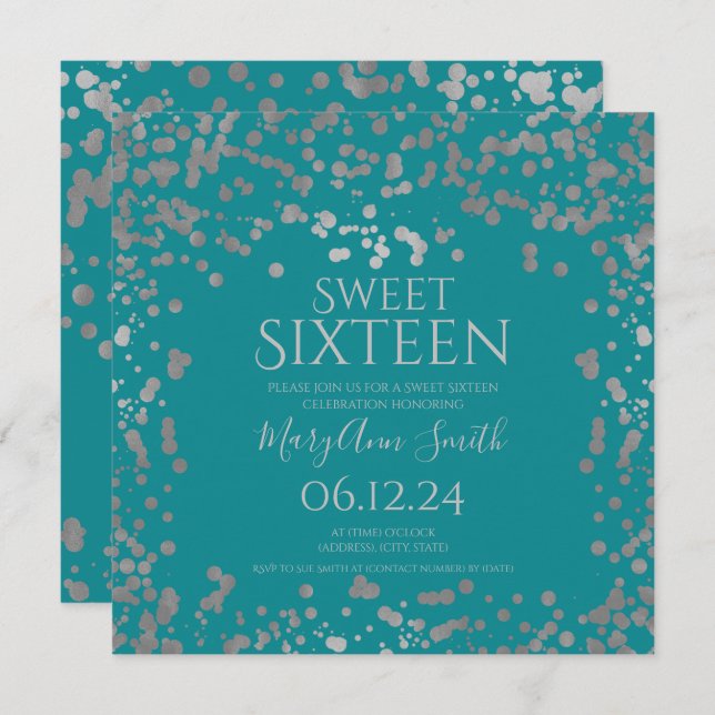 Girly Silver Foil Confetti Sweet 16 Invite Teal  (Front/Back)