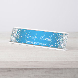 Girly Silver Glitter Azure Gradient Desk Name Plate