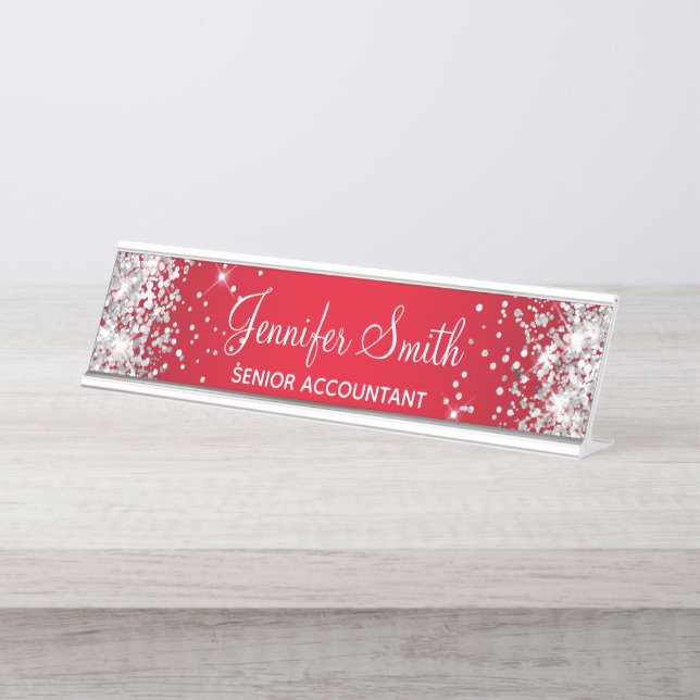 Girly Silver Glitter Bright Red Gradient Desk Name Plate (Front)