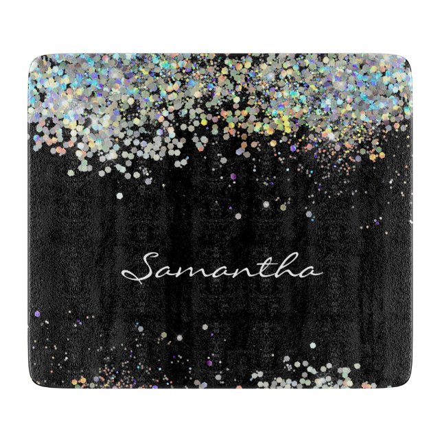 Girly Silver Glitter Custom Name Cutting Board (Front)