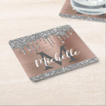Girly Silver Glitter Drips Rose Gold Monogram Square Paper Coaster<br><div class="desc">Stylish, girly silver glitter drips custom name and monogrammed paper coaster. This design features silver grey (grey) glitter sparkle drips on blush rose gold brushed metal background with personalised monogram initial and first name text template. Perfect feminine gift for girlfriend, sister, mother, birthday, sweet 16 birthday party, wedding, bridal shower,...</div>