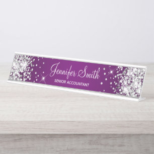 Girly Silver Glitter Eggplant Purple Gradient Desk Name Plate