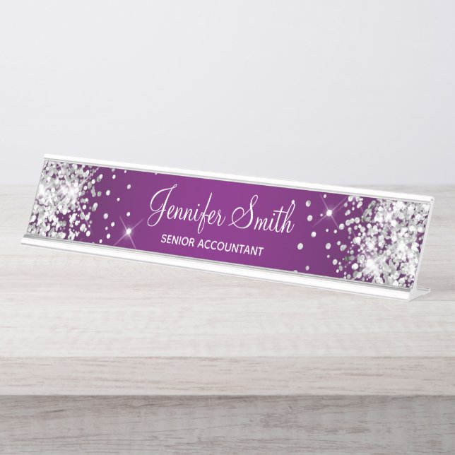 Girly Silver Glitter Eggplant Purple Gradient Desk Name Plate (Front)