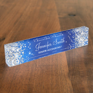 Girly Silver Glitter Faux Royal Blue Foil Nameplate