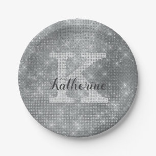 Girly Silver Glitter Glam Sparkle Monogram Name Paper Plate