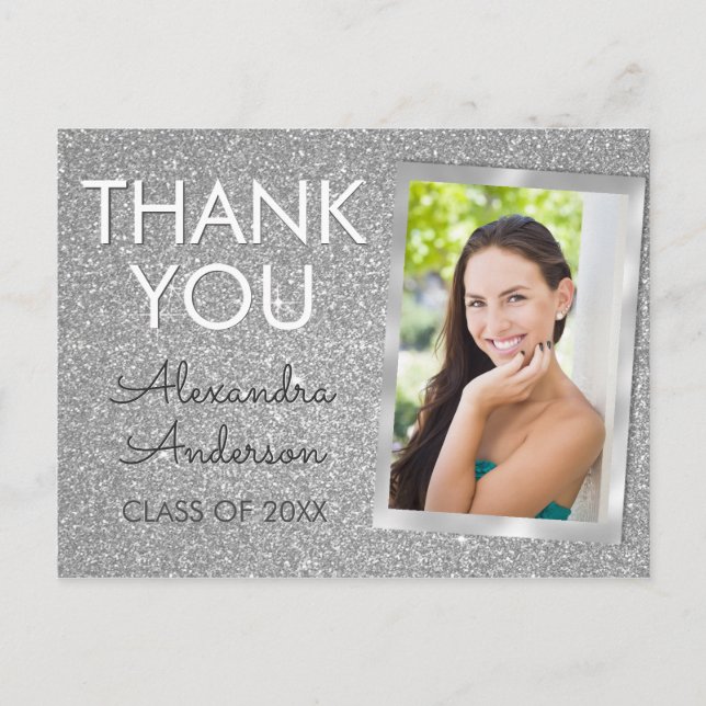 Girly Silver Glitter Graduation Thank You Postcard (Front)