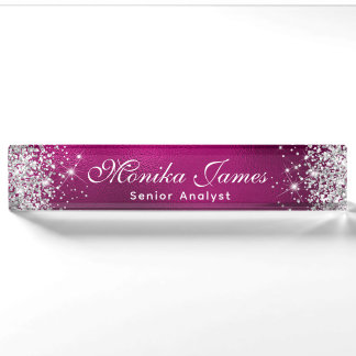 Girly Silver Glitter Hot Pink Foil Ombre Custom Nameplate