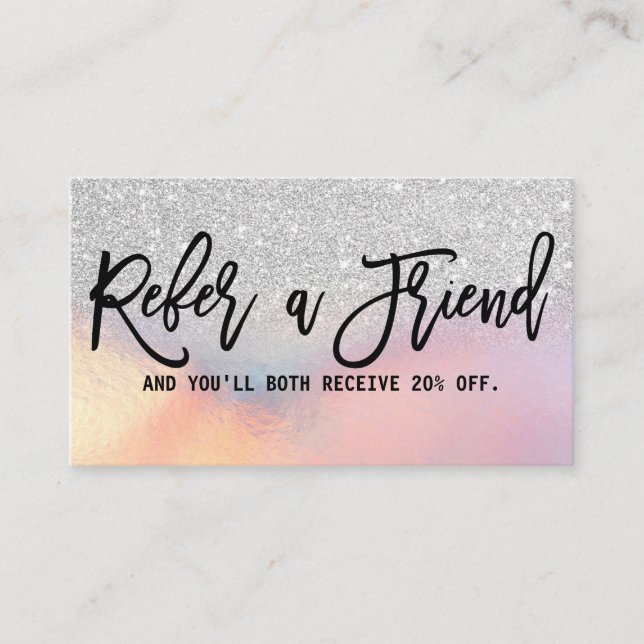 Girly Silver Glitter Iridescent Holographic Ombre Referral Card (Front)