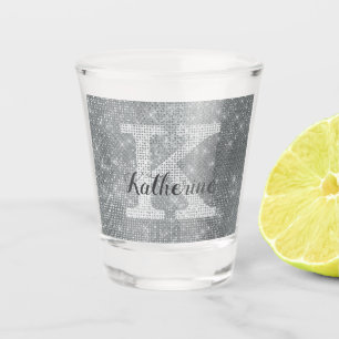 Girly Silver Glitter Sparkle Fun Monogram Name Shot Glass