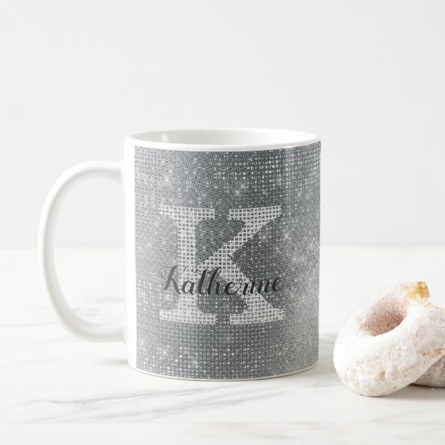 Girly Silver Glitter Sparkle Glam Monogram Name Coffee Mug (With Donut)