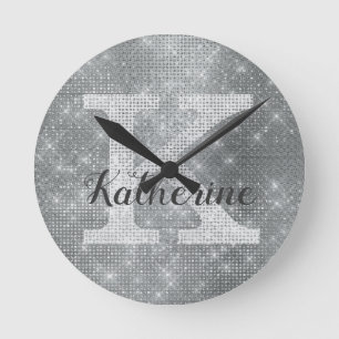 Girly Silver Glitter Sparkle Glam Monogram Name Round Clock