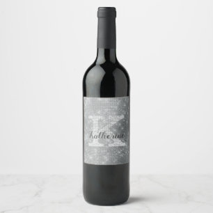 Girly Silver Glitter Sparkle Glam Monogram Name Wine Label