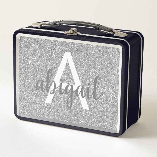 Girly Silver Glitter Sparkle Monogram Name Metal Lunch Box (Front)