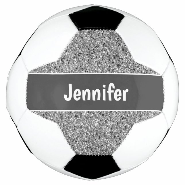 Girly Silver Glitter Sparkle Personalised Kids Soccer Ball (Front)