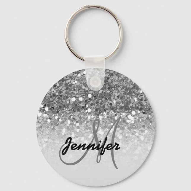 Girly Silver Glitter Sparkles Monogram Name Key Ring (Front)