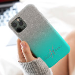 Girly silver glitter teal ombre monogrammed Case-Mate iPhone case<br><div class="desc">Girly silver glitter ombre sparkles monogrammed on editable bright teal aqua.</div>