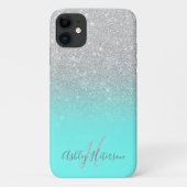 Girly silver glitter teal ombre monogrammed Case-Mate iPhone case (Back)