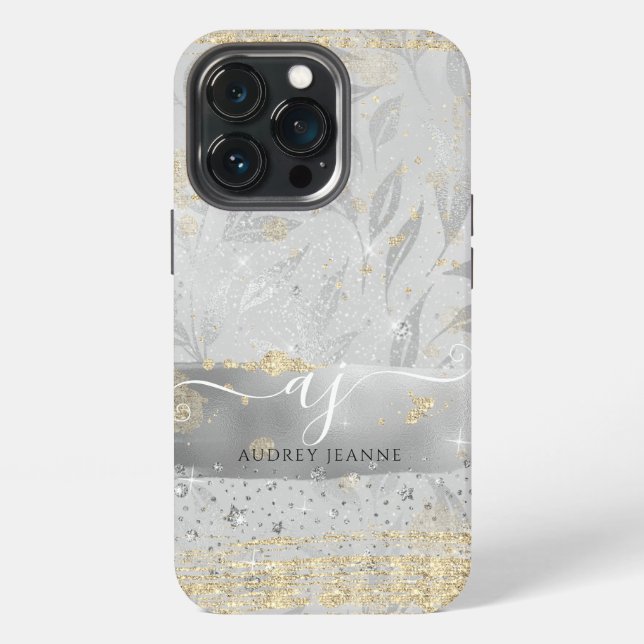 Girly Silver Gold Glitter Jewels w Script Initials iPhone Case (Back)