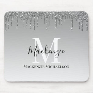 Girly Silver Grey Glitter Monogram Name   Mouse Pad