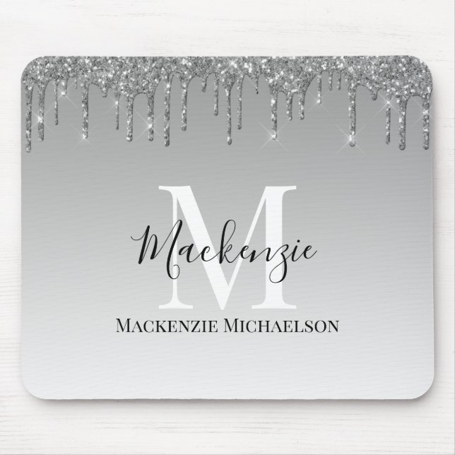 Girly Silver Grey Glitter Monogram Name   Mouse Pad (Front)