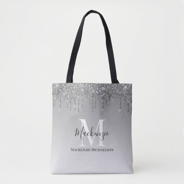 Girly Silver Grey Glitter Monogram Name   Tote Bag (Front)