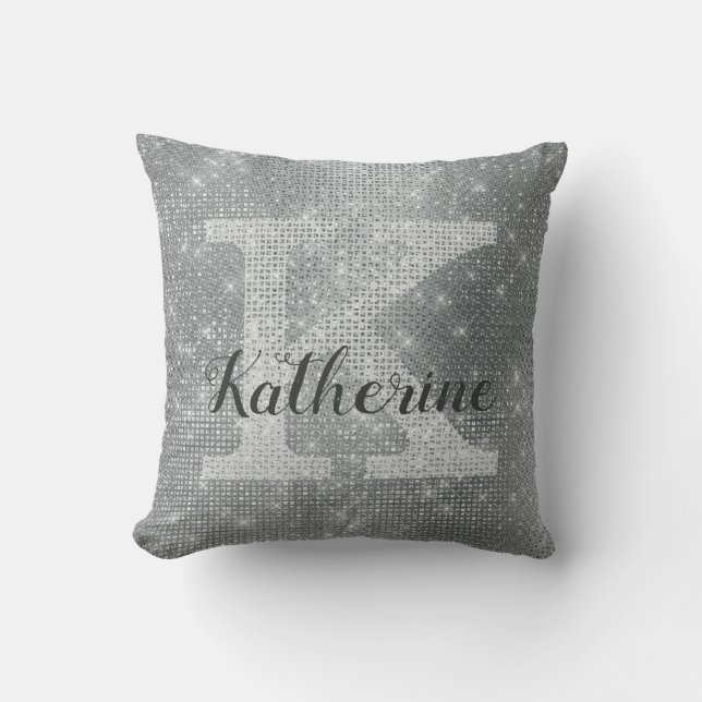 Girly Silver Grey Glitter Sparkle Monogram Name Cushion (Front)