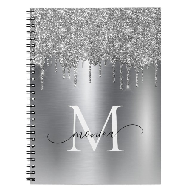 Girly Silver Metal Glitter Ombre Monogram Notebook (Front)