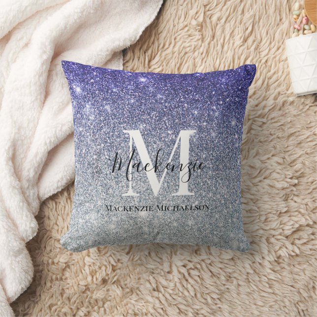 Girly Silver Purple Ombre Glitter Monogram Name  Cushion (Blanket)