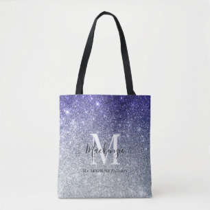 Girly Silver Purple Ombre Glitter Monogram Name Tote Bag