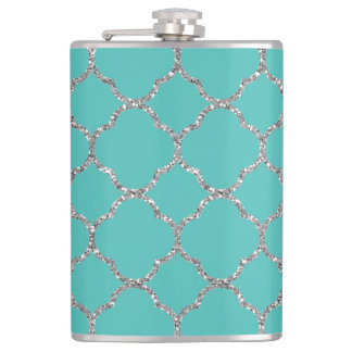 Girly Silver Quatrefoil Custom Teal Flask