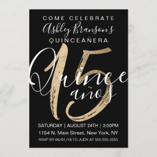 Girly Simple Black and White Gold Foil Quinceañera Invitation
