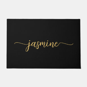Girly Simple Black Gold Monogram Name Script Doormat
