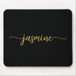 Girly Simple Black Gold Personalised Monogram Mouse Pad<br><div class="desc">Girly Black And Gold Simple Minimalist Monogram Name Signature Script Custom Personalised mousepad. These design featuring your first name in a pretty hand lettered style swash tail font typography on black and gold. These are easy to customise. Great stylish feminine gift for birthday, bridal shower, mother’s day, sweet 16 birthday...</div>