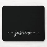 Girly Simple Black Personalised Monogram Name Mouse Pad<br><div class="desc">Elegant Girly Black Simple Minimalist Monogram Name Signature Script Custom Personalised mousepad. These design featuring your first name in a pretty hand lettered style swash tail font typography in white on black background. These are easy to customise. Great stylish feminine gift for birthday, mother’s day, bridal shower, sweet 16 birthday...</div>