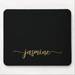 Girly Simple Black Personalised Monogram Name Mouse Pad<br><div class="desc">Girly Black And Gold Simple Minimalist Monogram Name Signature Script Custom Personalised mousepad. These design featuring your first name in a pretty hand lettered style swash tail font typography on black and gold. These are easy to customise. Great stylish feminine gift for birthday, bridal shower, mother’s day, sweet 16 birthday...</div>